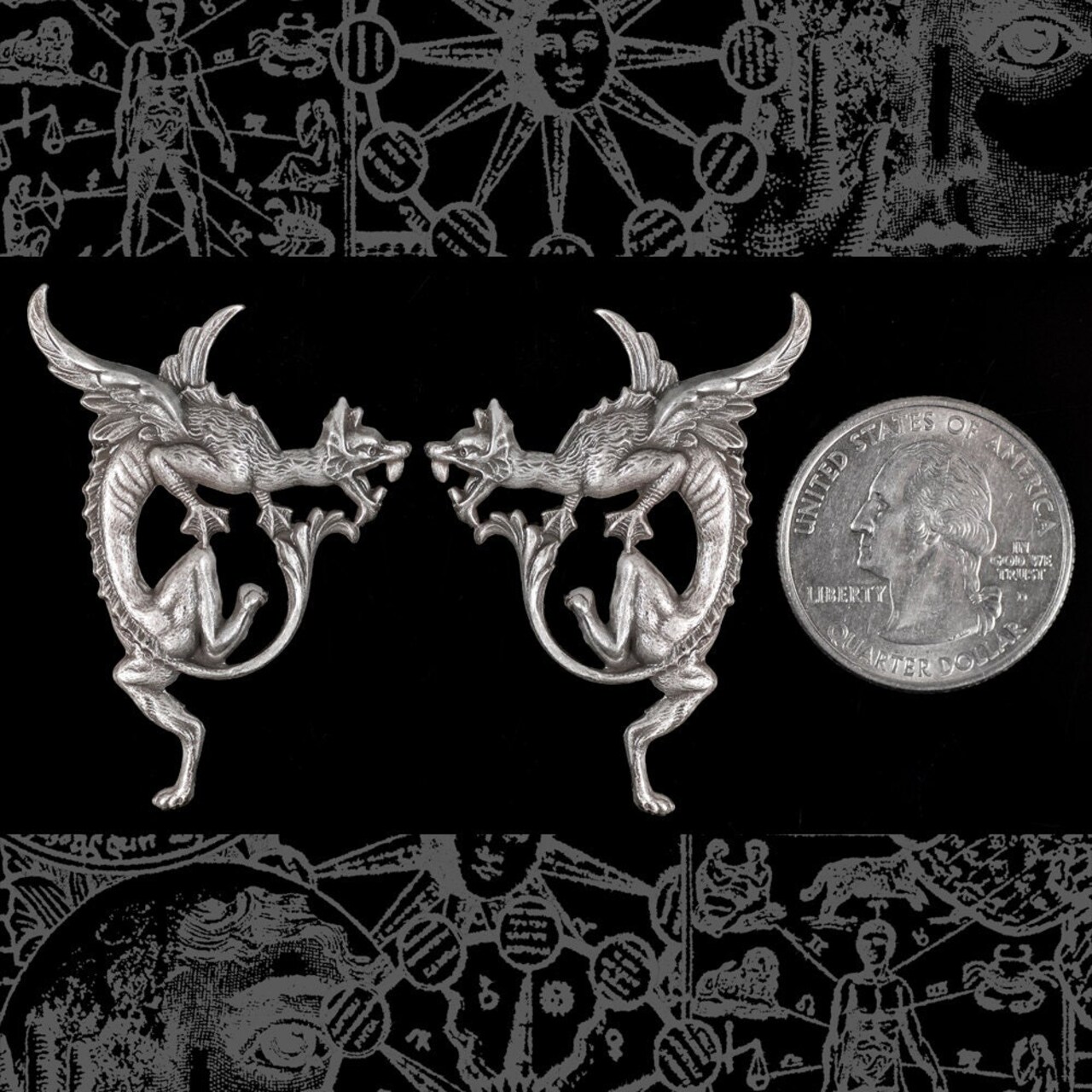 Antiqued Silver Plated Brass Flying Dragon Pendants Stampings - Set of Two - S-P77